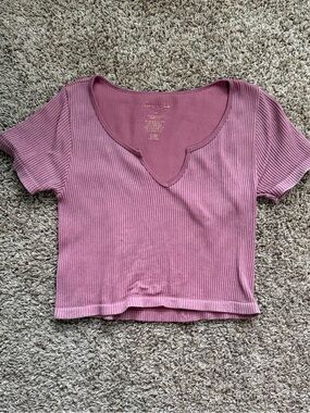 Gypsy and Rose Ribbed Notch-Neck Crop Tee Mauve Pink Size Large